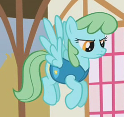 Size: 278x264 | Tagged: safe, screencap, character:sassaflash, species:pegasus, species:pony, episode:winter wrap up, g4, my little pony: friendship is magic, annoyed, background pony, cropped, female, flying, green mane, mare, recolor, solo, weather team, wind chill