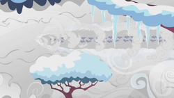 Size: 1280x720 | Tagged: safe, screencap, species:pony, episode:winter wrap up, g4, my little pony: friendship is magic, flying, icicle, overcast, snow, tree, weather team, winter
