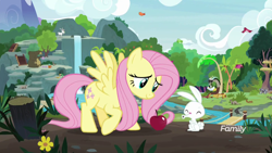 Size: 1920x1080 | Tagged: safe, screencap, character:angel bunny, character:clementine, character:discord, character:fluttershy, species:pegasus, species:pony, species:rabbit, apple, duo focus, female, food, intro, male, mare, raised hoof, spread wings, wings