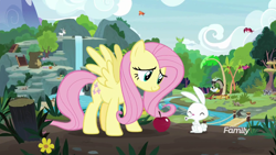 Size: 1920x1080 | Tagged: safe, screencap, character:angel bunny, character:clementine, character:discord, character:fluttershy, species:pegasus, species:pony, species:rabbit, apple, duo focus, female, food, intro, male, mare, spread wings, wings