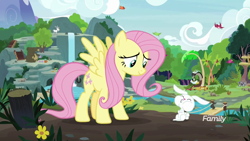 Size: 1920x1080 | Tagged: safe, screencap, character:angel bunny, character:clementine, character:discord, character:fluttershy, species:pegasus, species:pony, species:rabbit, apple, duo focus, female, food, intro, male, mare, puffy cheeks, spread wings, wings