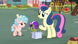 Size: 1600x900 | Tagged: safe, screencap, character:bon bon, character:cozy glow, character:sweetie drops, species:earth pony, species:pegasus, species:pony, episode:marks for effort, g4, my little pony: friendship is magic, cactus, duo, female, filly, helmet, mare, raised hoof, shopping bags