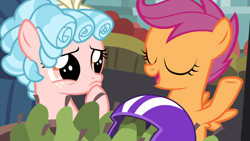 Size: 1600x900 | Tagged: safe, screencap, character:cozy glow, character:scootaloo, species:pegasus, species:pony, episode:marks for effort, g4, my little pony: friendship is magic, cozybetes, cute, female, filly, food, pear