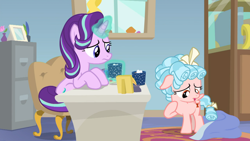 Size: 1600x900 | Tagged: safe, screencap, character:cozy glow, character:starlight glimmer, episode:marks for effort, g4, my little pony: friendship is magic, chocolate, female, filly, floppy ears, food, guidance counselor, hot chocolate, starlight's office