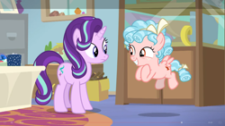 Size: 1600x900 | Tagged: safe, screencap, character:cozy glow, character:starlight glimmer, species:pegasus, species:pony, species:unicorn, episode:marks for effort, g4, my little pony: friendship is magic, chocolate, cozybetes, cute, excited, female, filly, flying, food, guidance counselor, hot chocolate, starlight's office