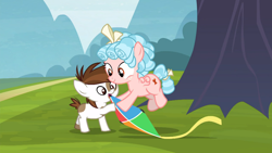 Size: 1600x900 | Tagged: safe, screencap, character:cozy glow, character:pipsqueak, species:earth pony, species:pegasus, species:pony, episode:marks for effort, g4, my little pony: friendship is magic, colt, duo, female, filly, flying, foal, kite, male, pinto