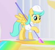 Size: 195x175 | Tagged: safe, screencap, character:sunshower raindrops, species:pegasus, species:pony, episode:sonic rainboom, g4, my little pony: friendship is magic, alternate hairstyle, background pony, cropped, female, hard hat, hat, hoof hold, liquid rainbow, mare, picture for breezies, solo, spread wings, stirring, weather factory uniform, wings