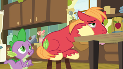 Size: 1280x720 | Tagged: safe, screencap, character:big mcintosh, character:spike, species:dragon, species:earth pony, species:pony, episode:the break up break down, apple cider (drink), bloodshot eyes, duo, male, mug, stallion