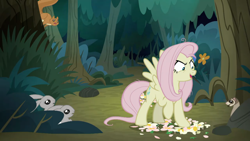 Size: 1920x1080 | Tagged: safe, screencap, character:fluttershy, character:mean fluttershy, species:pony, species:rabbit, episode:the mean 6, g4, my little pony: friendship is magic, animal, clone, everfree forest, female, ferret, flower, flutterbitch, frightened, mare, squirrel