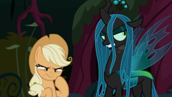 Size: 1920x1080 | Tagged: safe, screencap, character:mean applejack, character:queen chrysalis, species:changeling, episode:the mean 6, g4, my little pony: friendship is magic, changeling queen, clone, clothing, everfree forest, eyeroll, female, hat, thinking