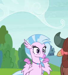 Size: 986x1080 | Tagged: safe, screencap, character:silverstream, character:yona, species:classical hippogriff, species:hippogriff, episode:non-compete clause, g4, my little pony: friendship is magic, animated, cropped, cute, diastreamies, excited, happy, jumping, loop, no sound, smiling, solo focus, spread wings, webm, wings