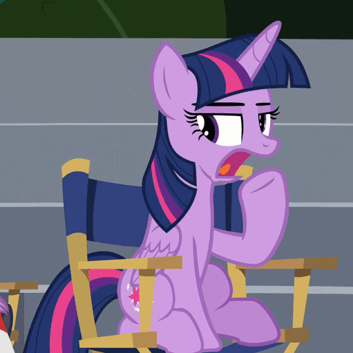 Size: 511x511 | Tagged: safe, screencap, character:spike, character:twilight sparkle, character:twilight sparkle (alicorn), species:alicorn, species:pony, episode:horse play, g4, my little pony: friendship is magic, chair, cropped, director's chair, female, looking sideways, mare, open mouth, raised hoof, sitting, solo