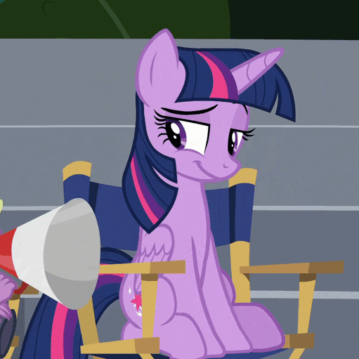Size: 511x511 | Tagged: safe, screencap, character:twilight sparkle, character:twilight sparkle (alicorn), species:alicorn, species:pony, episode:horse play, g4, my little pony: friendship is magic, chair, cropped, director's chair, female, looking sideways, mare, megaphone, raised eyebrow, sitting, smiling, solo focus