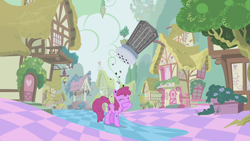 Size: 1280x720 | Tagged: safe, screencap, character:berry punch, character:berryshine, species:earth pony, species:pony, episode:the return of harmony, g4, my little pony: friendship is magic, background pony, building, chaos, discorded landscape, eyes closed, female, floating island, food, green sky, mare, pepper, pepper shaker, ponyville, pre sneeze, raised hoof, scenery, solo, well