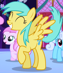 Size: 408x470 | Tagged: safe, screencap, character:piña colada, character:sunshower raindrops, species:pegasus, species:pony, episode:friendship is magic, g4, my little pony: friendship is magic, background pony, cropped, eyes closed, female, mare, piña cutelada, raised hoof, solo focus, spread wings, wings