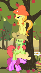 Size: 405x720 | Tagged: safe, screencap, character:berry punch, character:berryshine, character:jonagold, character:peachy sweet, species:earth pony, species:pony, episode:over a barrel, g4, my little pony: friendship is magic, apple, apple family member, apple tree, background pony, clothing, cowboy hat, cropped, eyes closed, female, food, hat, mare, pony pile, stetson, tower of pony, tree, trio