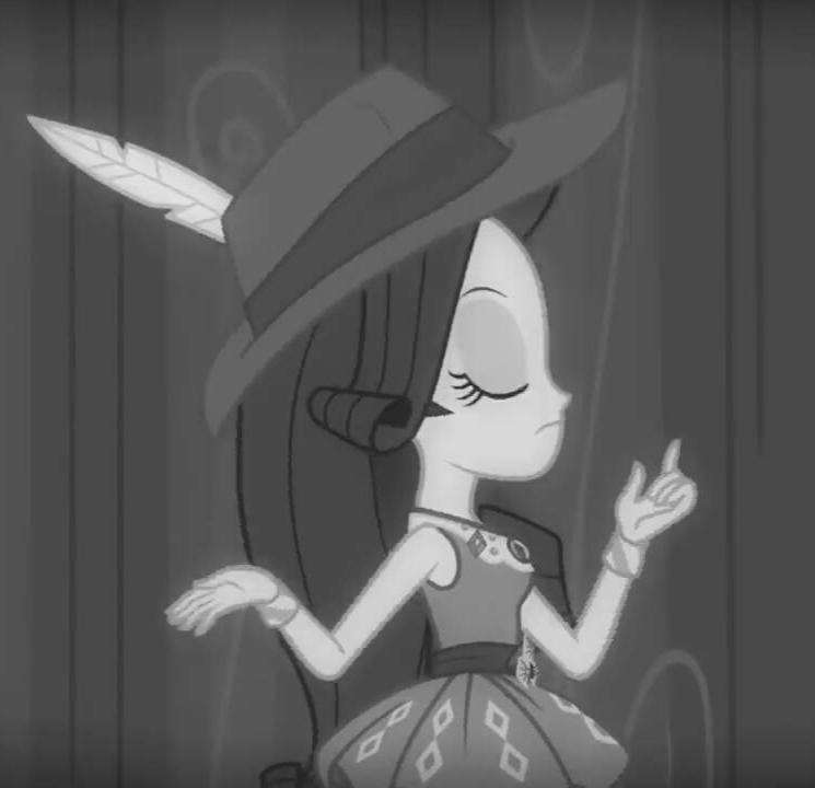 Size: 745x720 | Tagged: safe, screencap, character:rarity, episode:rarity investigates: the case of the bedazzled boot, g4, my little pony:equestria girls, animated, black and white, clothing, cropped, detective rarity, fabulous, feather, fedora, female, gif, grayscale, hat, monochrome, solo