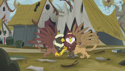 Size: 1920x1080 | Tagged: safe, screencap, species:griffon, episode:the lost treasure of griffonstone, g4, my little pony: friendship is magic, background griffon, clothing, collision, duo, eyes closed, gardyloo, griffonstone, gunter, hat, male, spread wings, wings