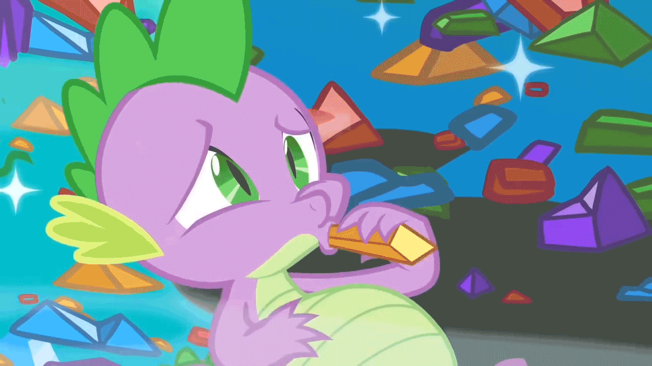 Size: 1280x720 | Tagged: safe, screencap, character:spike, episode:owl's well that ends well, g4, my little pony: friendship is magic, animated, belly, chubby, fat, fat spike, gem, sucking, weight gain