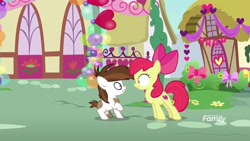 Size: 1920x1080 | Tagged: safe, screencap, character:apple bloom, character:pipsqueak, species:earth pony, species:pony, episode:the break up break down, alarmed, colt, discovery family logo, duo, female, filly, male, pinto, raised hoof, scary face