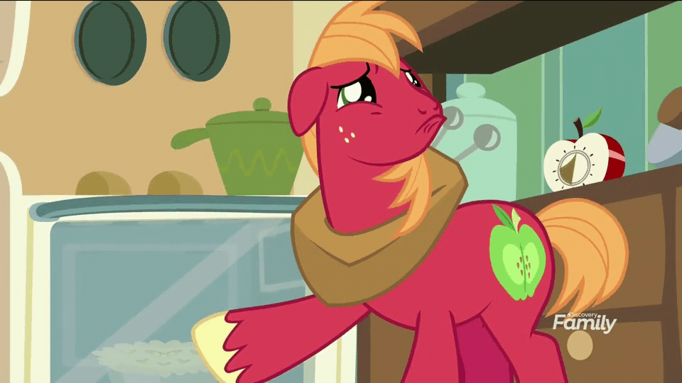 Size: 960x540 | Tagged: safe, screencap, character:big mcintosh, species:earth pony, species:pony, episode:the break up break down, animated, cute, cutie mark, discovery family logo, food, macabetes, male, oven, pie, pot, puppy dog eyes, stallion