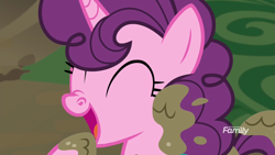 Size: 1920x1080 | Tagged: safe, screencap, character:sugar belle, species:pony, species:unicorn, episode:the break up break down, cute, discovery family logo, eyes closed, female, mare, mud, nose wrinkle, open mouth, solo, sugarbetes, weapons-grade cute