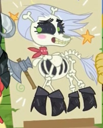 Size: 429x531 | Tagged: safe, screencap, character:big mcintosh, character:skellinore, species:pony, episode:the break up break down, armor, axe, bandana, blushing, boots, clothing, cropped, crossed legs, cute, female, grin, mare, shoes, skellibetes, smiling, solo focus, squee, stars, weapon