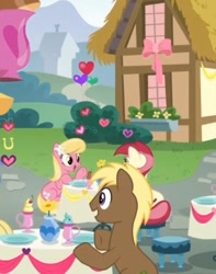 Size: 353x448 | Tagged: safe, screencap, character:coco crusoe, character:goldengrape, character:lily, character:lily valley, character:roseluck, species:earth pony, species:pony, episode:the break up break down, background pony, cropped, female, male, mare, open mouth, smiling, stallion