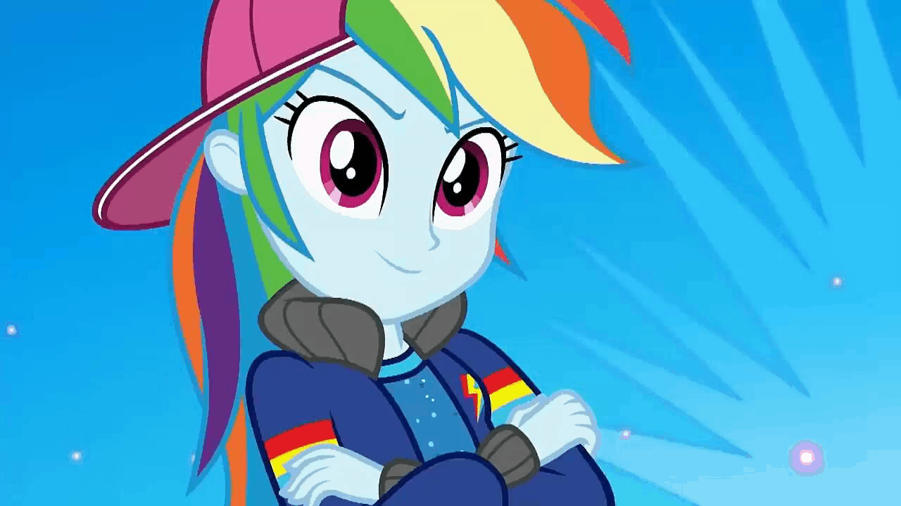 Size: 1280x720 | Tagged: safe, screencap, character:applejack, character:fluttershy, character:pinkie pie, character:rainbow dash, character:rarity, character:sunset shimmer, character:twilight sparkle, character:twilight sparkle (scitwi), species:eqg human, episode:get the show on the road, eqg summertime shorts, g4, my little pony:equestria girls, animated, boots, clothing, cowboy hat, gif, hat, hip hop, jacket, multicolored hair, rapper dash, shoes, skirt, stetson