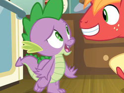 Size: 960x720 | Tagged: safe, screencap, character:big mcintosh, character:spike, species:dragon, species:pony, episode:the break up break down, claws, cropped, duo, male, oven, smiling, stallion