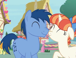 Size: 684x522 | Tagged: safe, screencap, character:blues, character:carrot top, character:golden harvest, character:noteworthy, character:rainbow stars, species:earth pony, species:pony, species:unicorn, episode:the break up break down, background pony, boop, couple, cropped, eyes closed, female, male, mare, noseboop, shipping, smiling, stallion, starworthy, straight