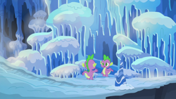 Size: 1280x720 | Tagged: safe, screencap, character:spike, character:thorax, species:dragon, episode:the times they are a changeling, g4, my little pony: friendship is magic, cavern, disguise, disguised changeling, duo, frozen north, ice, male, snow