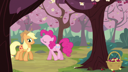 Size: 1280x720 | Tagged: safe, screencap, character:applejack, character:pinkie pie, species:earth pony, species:pony, episode:the last roundup, g4, my little pony: friendship is magic, backing away, basket, cherry, cherry orchard, cherry tree, duo, eyes closed, female, food, mare, orchard, tree, yellow cherry
