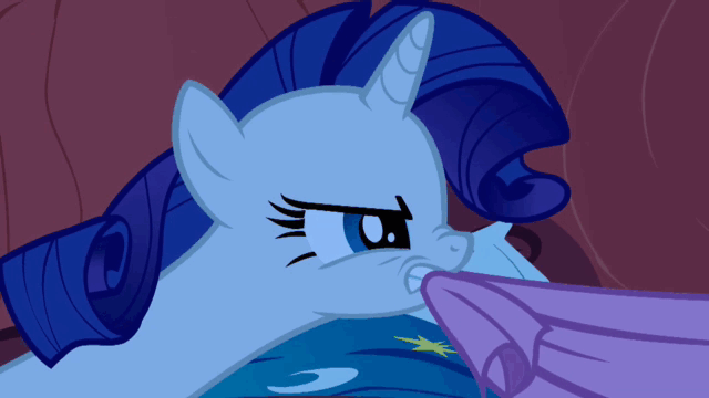 Size: 640x360 | Tagged: safe, screencap, character:applejack, character:rarity, species:earth pony, species:pony, species:unicorn, episode:look before you sleep, g4, my little pony: friendship is magic, animated, bed, duo, duo female, eye contact, female, gif, golden oaks library, looking at each other, mare, mouth hold, tug of war