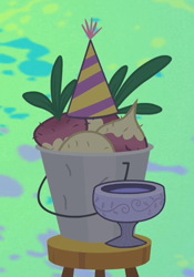 Size: 335x478 | Tagged: safe, screencap, episode:party of one, g4, my little pony: friendship is magic, abstract background, bucket, clothing, cropped, cup, hat, mr. turnip, party hat, stool, turnip