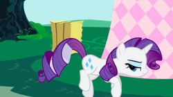 Size: 1440x807 | Tagged: safe, screencap, character:rarity, species:pony, species:unicorn, episode:party of one, g4, my little pony: friendship is magic, female, hay bale, looking back, mare, sneaking, solo, tail hold