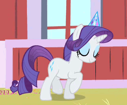 Size: 417x347 | Tagged: safe, screencap, character:rarity, species:pony, species:unicorn, episode:party of one, g4, my little pony: friendship is magic, animated, barn, clothing, dancing, dancity, eyes closed, female, gif, hat, ladylike, mare, party hat, party soft, solo, stomping