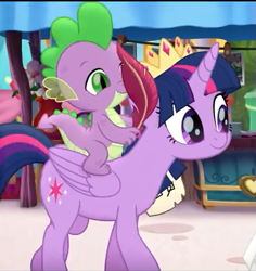 Size: 511x541 | Tagged: safe, screencap, character:spike, character:twilight sparkle, character:twilight sparkle (alicorn), species:alicorn, species:dragon, species:pony, my little pony: the movie (2017), cropped, crown, dragons riding ponies, female, jewelry, male, mare, regalia, riding, smiling, wings