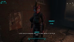 Size: 1600x900 | Tagged: safe, artist:alushythetyrant, screencap, species:anthro, 3d, breasts, clothing, dialogue, fahrenheit, fallout, fallout 4, fallout equestria 4 mod, goodneighbor, heads up display