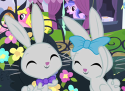 Size: 528x385 | Tagged: safe, screencap, character:cherry berry, character:sea swirl, species:earth pony, species:pony, species:rabbit, species:unicorn, episode:filli vanilli, g4, my little pony: friendship is magic, animal, background pony, bow, bow tie, cropped, cute, duo focus, eyes closed, female, hair bow, happy, mare, smiling