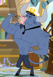 Size: 640x934 | Tagged: safe, screencap, character:iron will, species:minotaur, episode:once upon a zeppelin, g4, my little pony: friendship is magic, captain hat, clothing, cropped, hat, male, nose piercing, nose ring, piercing, pointing, pointing at self, solo