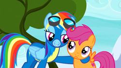 Size: 1920x1080 | Tagged: safe, screencap, character:rainbow dash, character:scootaloo, species:pegasus, species:pony, episode:newbie dash, g4, my little pony: friendship is magic, bedroom eyes, clothing, goggles, hoof on shoulder, i need an adult, lidded eyes, out of context, uniform, wonderbolts uniform