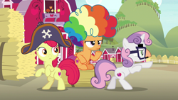 Size: 1280x720 | Tagged: safe, screencap, character:apple bloom, character:scootaloo, character:sweetie belle, species:earth pony, species:pegasus, species:pony, species:unicorn, episode:hard to say anything, g4, my little pony: friendship is magic, apple tree, bipedal, clothing, cute, cutie mark crusaders, disguise, dressup, female, filly, hat, hay bale, pirate hat, rainbow wig, raised hoof, sweet apple acres, tree