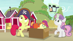 Size: 1280x720 | Tagged: safe, screencap, character:apple bloom, character:scootaloo, character:sweetie belle, species:earth pony, species:pegasus, species:pony, species:unicorn, episode:hard to say anything, g4, my little pony: friendship is magic, apple tree, bipedal, bipedal leaning, box, clothing, costume, cutie mark crusaders, dressup, female, filly, glowing horn, hat, hay bale, horn, leaning, magic, pirate hat, sweet apple acres, telekinesis, tree