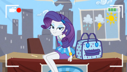 Size: 1920x1080 | Tagged: safe, screencap, character:rarity, episode:best trends forever, g4, my little pony:equestria girls, bedroom eyes, bracelet, camcorder, clothing, desk, female, geode of shielding, grin, handbag, jewelry, legs, looking at you, pencil, pencil skirt, recording, sitting, skirt, smiling, solo