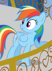 Size: 358x486 | Tagged: safe, screencap, character:rainbow dash, episode:games ponies play, g4, my little pony: friendship is magic, balcony, cropped, cute, solo