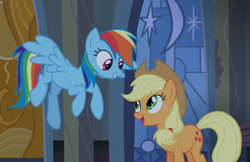 Size: 1510x980 | Tagged: safe, screencap, character:applejack, character:rainbow dash, species:earth pony, species:pegasus, species:pony, episode:castle mane-ia, g4, my little pony: friendship is magic, cropped, duo, female, flying, looking at each other, mare, open mouth, talking