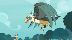Size: 1655x927 | Tagged: safe, screencap, character:zecora, species:bird, species:pony, species:roc, species:zebra, episode:molt down, g4, my little pony: friendship is magic, duo, female, flying, mare