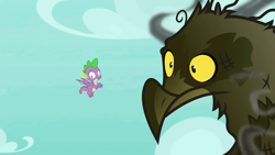 Size: 1280x720 | Tagged: safe, screencap, character:spike, species:bird, species:dragon, species:roc, episode:molt down, g4, my little pony: friendship is magic, burned, burnt feathers, duo, flying, male, smoke, wide eyes, winged spike