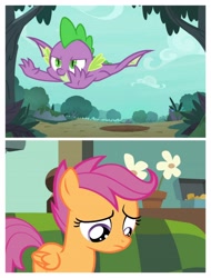 Size: 3106x4096 | Tagged: safe, screencap, character:scootaloo, character:spike, species:pegasus, species:pony, episode:molt down, g4, my little pony: friendship is magic, everyone but scootaloo can fly, female, filly, male, sad, scootaloo can't fly, winged spike